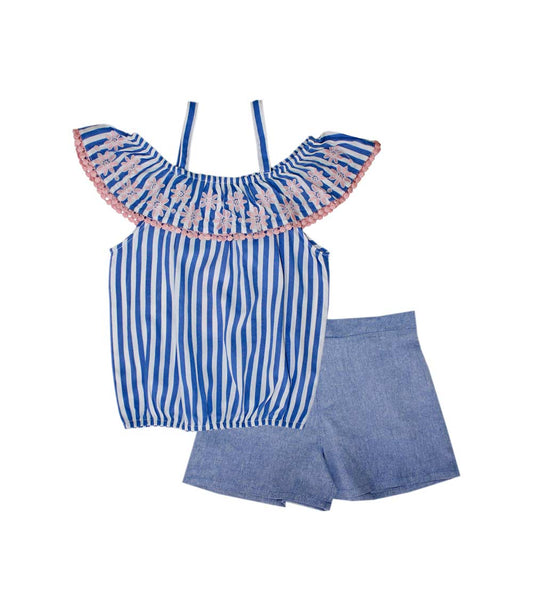 GIRLS PINK Poly Crepe with Ruffle Top  and Ruffle Chambray Short Set - 2134602