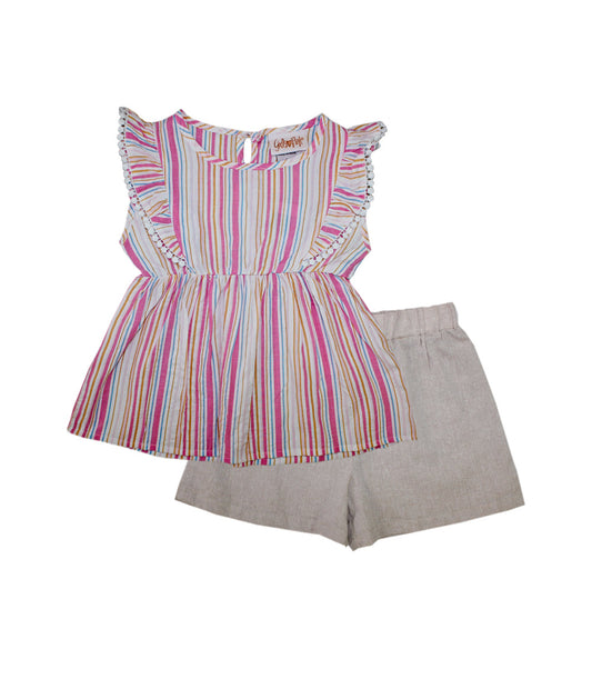 GIRLS PINK Woven Top with Ruffle Chambray Short Set  -2152301