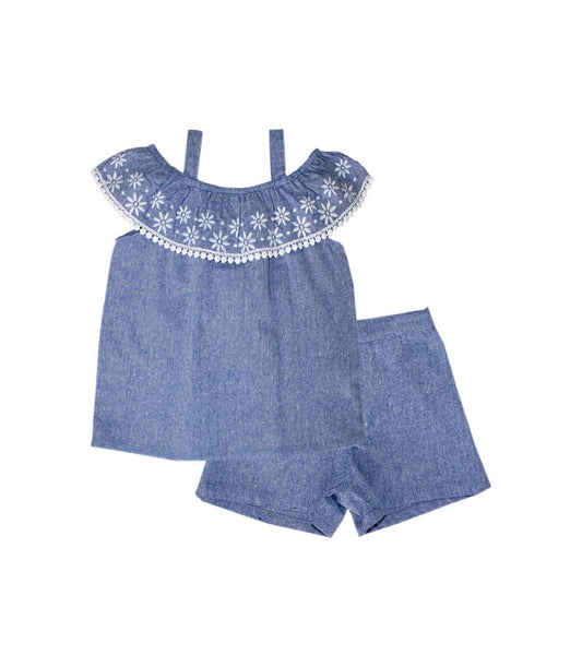 GIRLS PINK Chambray Short Set with Embroidery and Lace on Ruffle  -2191302