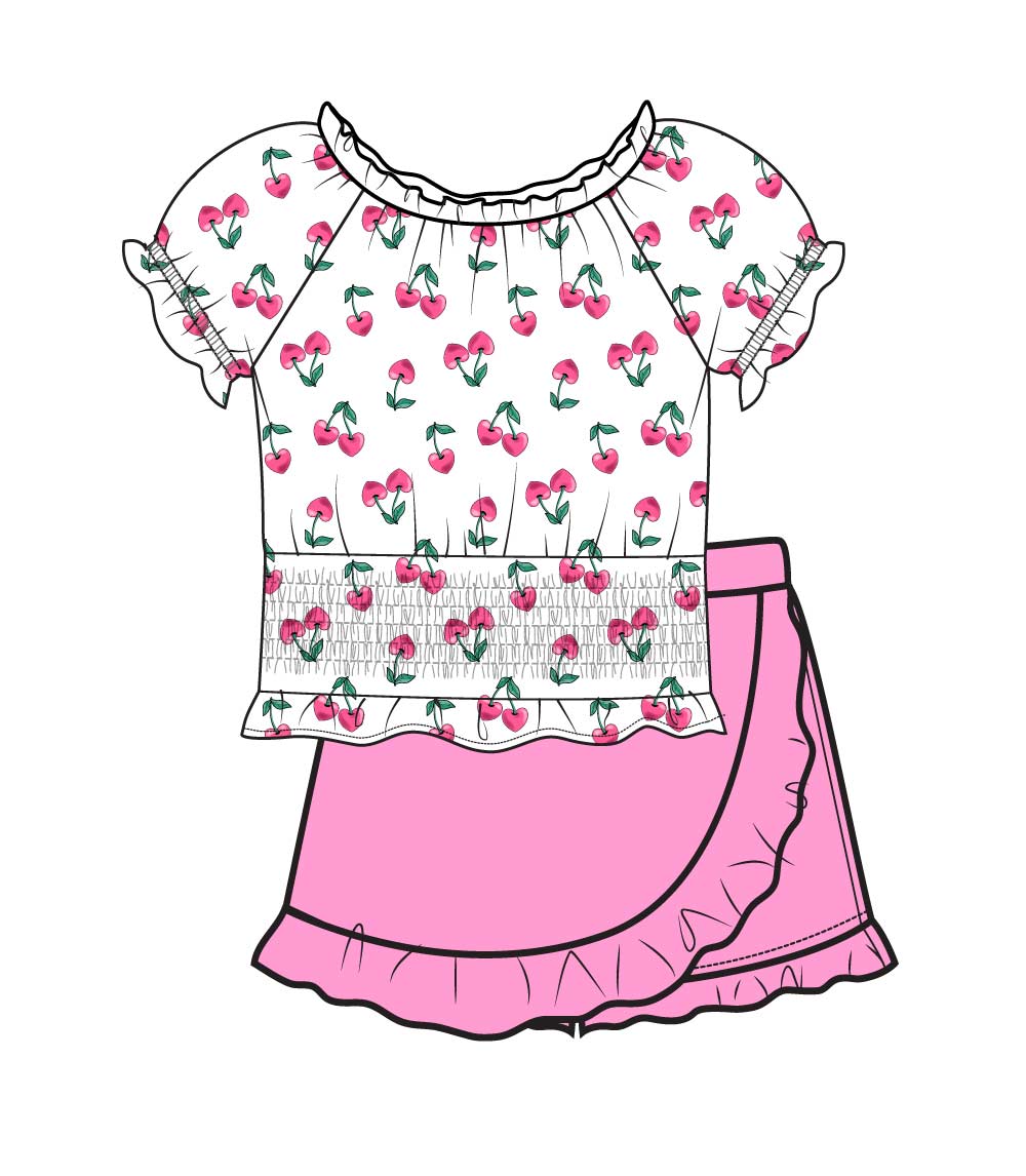 GIRLS PINK Cherry Print Top With Smoking At Hem And Skort Set - 2492402