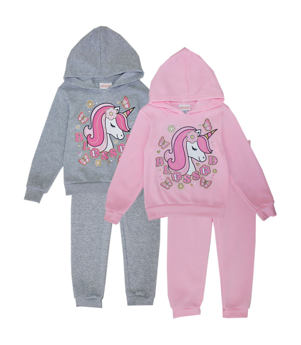 GIRLS PINK Unicorn Blessed Screen Hooded Pull Over Jogset-8608702