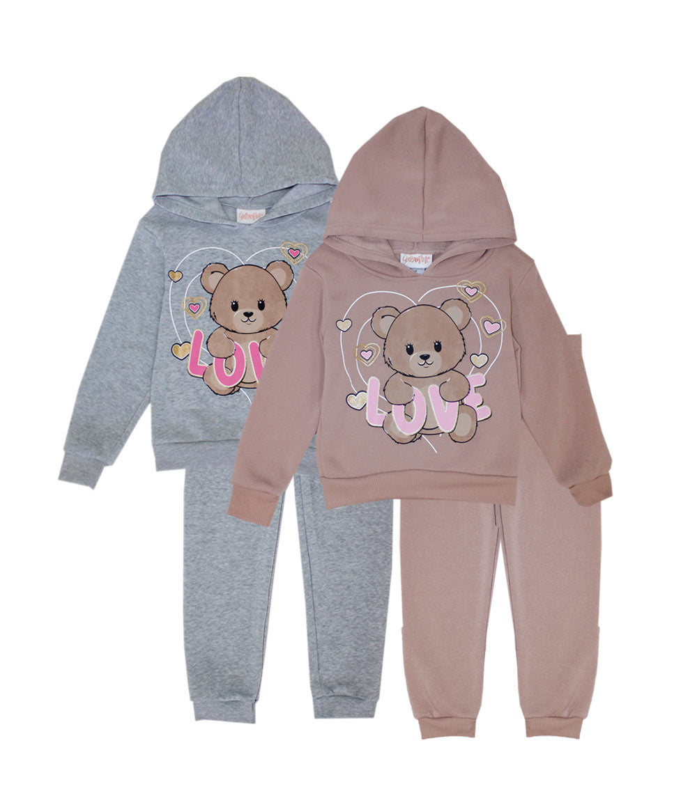 GIRLS PINK Bear Screen Hooded Pull Over Jogset-8616904