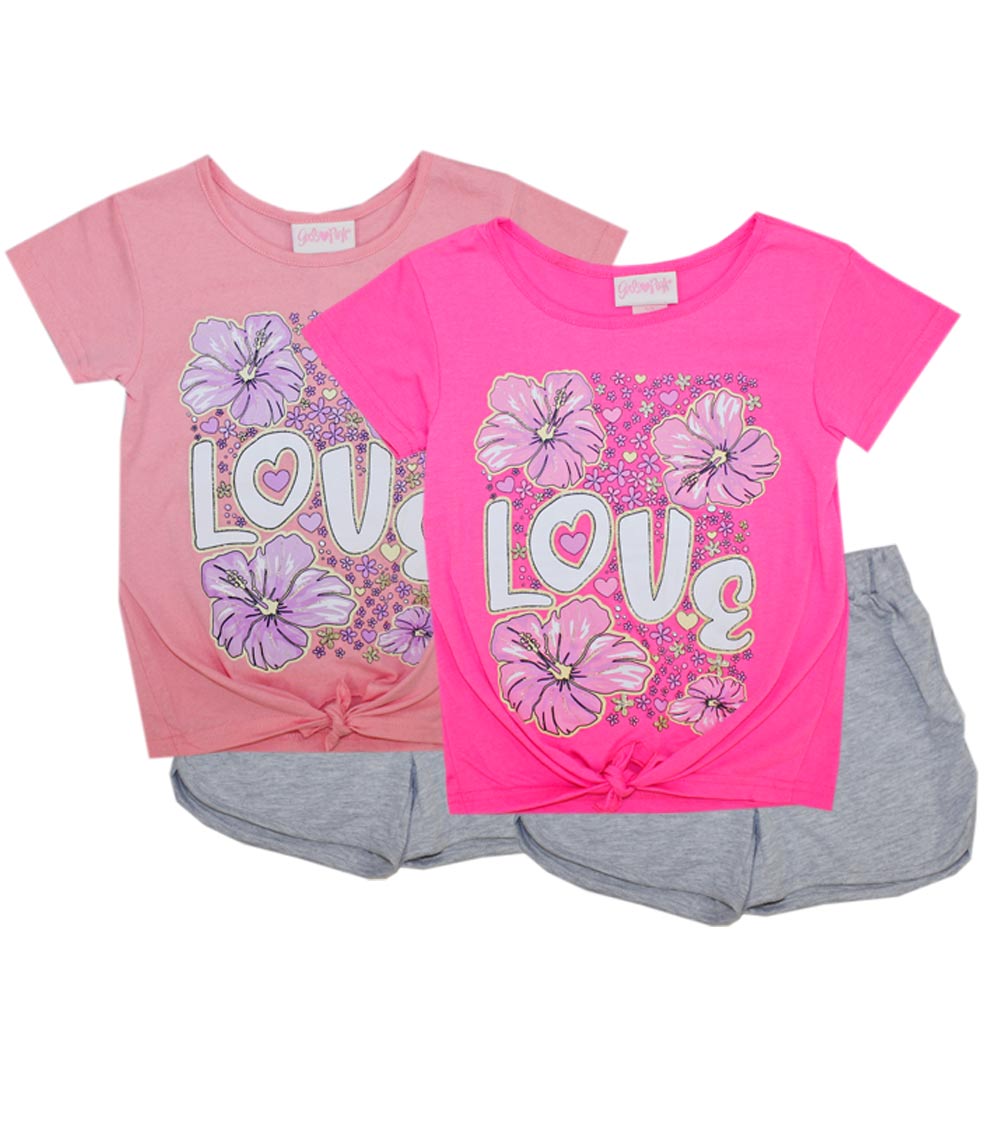 GIRLS PINK Love Floral Screen Tie Front Top Short Set - 2261702