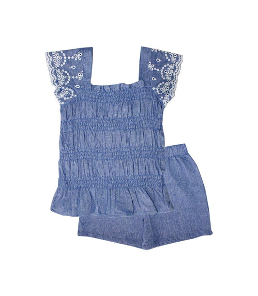 GIRLS PINK Chambray Top w Lace on Ruffle Sleeve Short Set  -2100304