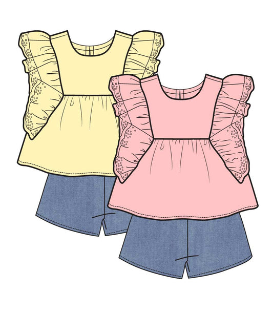 GIRLS PINK Woven Top with Big Ruffle Sleeve and Denim Short Set - 2130601