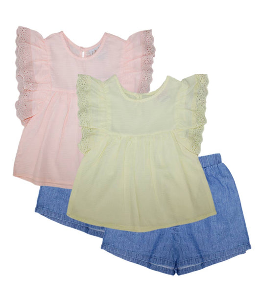 GIRLS PINK Woven Top with Big Ruffle Sleeve and Denim Short Set - 2130601