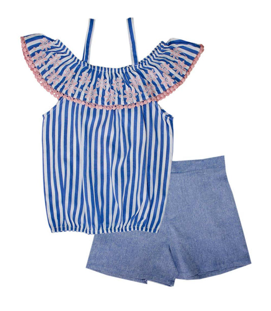 GIRLS PINK Polycrepe with Ruffle Top  and Ruffle Chambray Short Set - 2134604