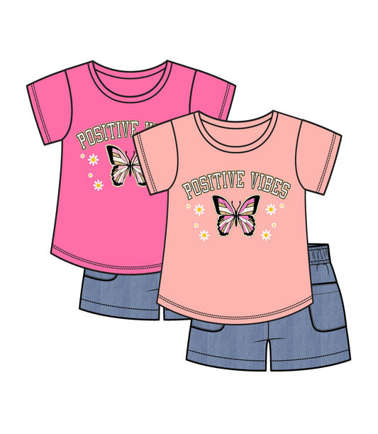 Girls Pink Butterfly Screen Top and Chambray Short - 2135204