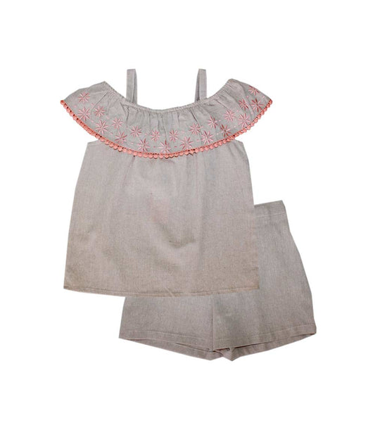 GIRLS PINK Chambray Short Set with Embroidery and Lace on Ruffle  -2146102