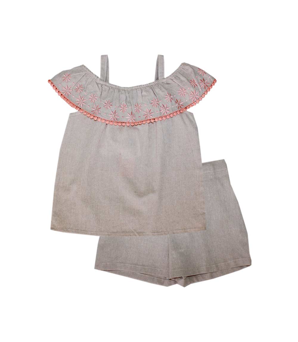 GIRLS PINK Chambray Short Set with Embroidery and Lace on Ruffle  -2146104