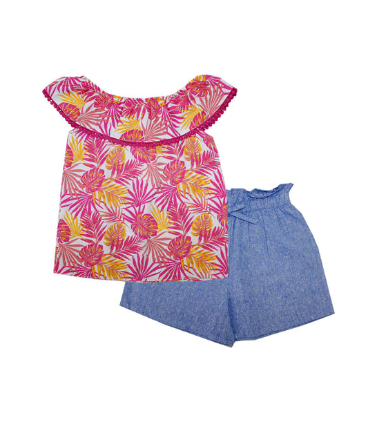 GIRLS PINK Poly Crepe with Ruffle Top and Chambray Short Set  -2147802