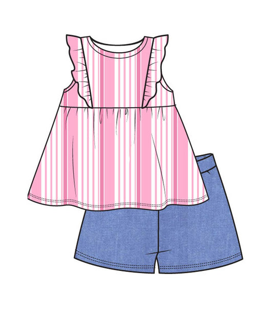 GIRLS PINK Woven Top with Ruffle Chambray Short Set  -2169301