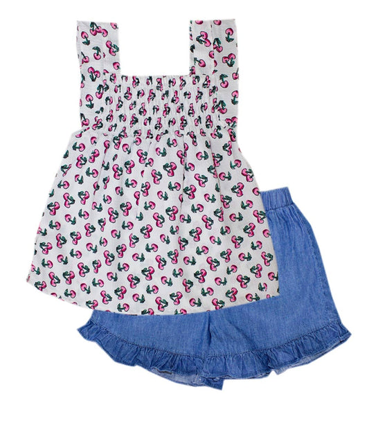 GIRLS PINK Smoked Yoke Top And Denim Short With Ruffle - 2176502