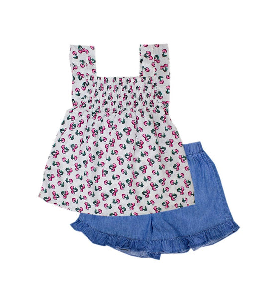 GIRLS PINK Smoked Yoke Top And Denim Short With Ruffle - 2176504
