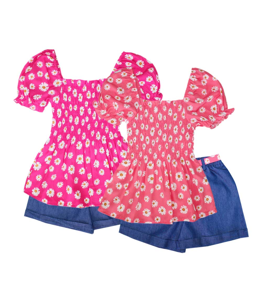 GIRLS PINK Smocked Top with Denim Short with Cuff and Belt  -2190402
