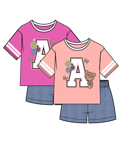 Girls Pink A Screen with Bear and Chambray Short - 2198301