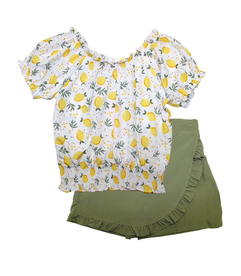 GIRLS PINK Lemon Print Top with Solid Skort Set - 2415367
