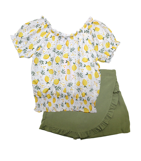 GIRLS PINK Lemon Print Top with Solid Skort Set - 2415367
