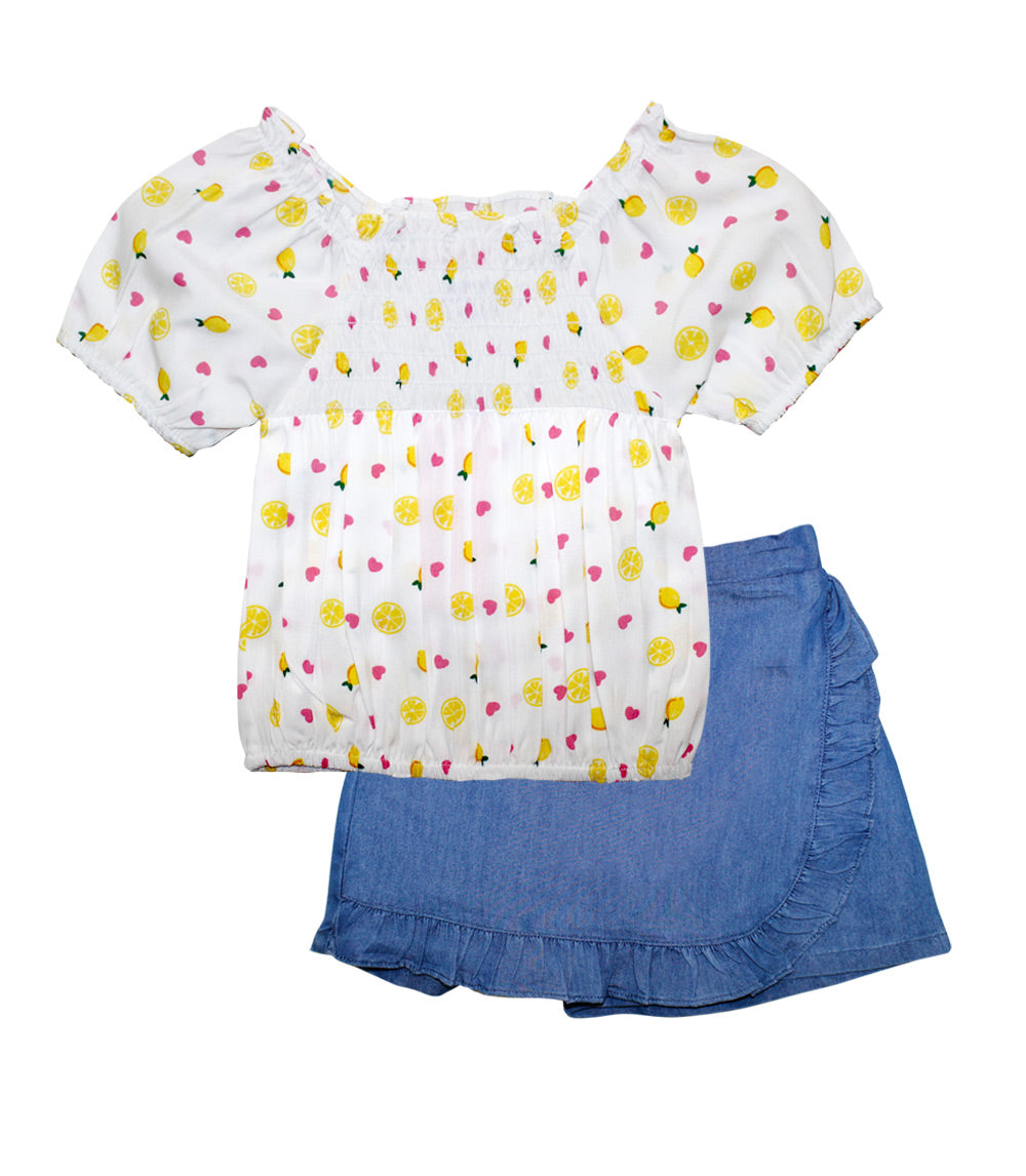 GIRLS PINK Smocked Top with Denim Skort Set - 2418704
