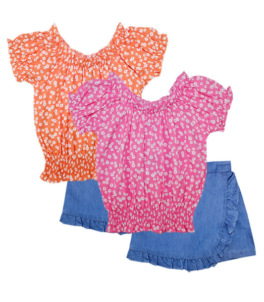 GIRLS PINK Smocked Top with Denim Skort Set - 2433067