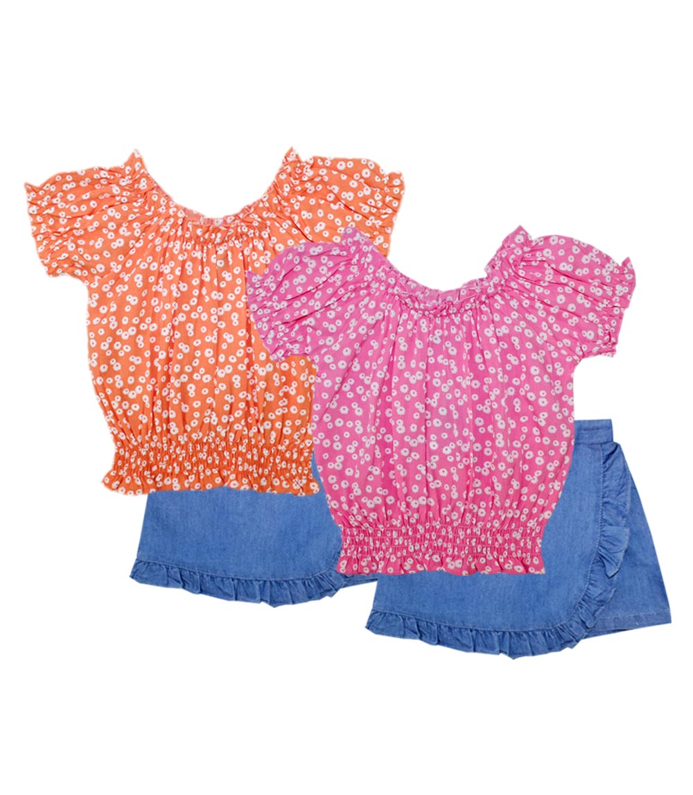 GIRLS PINK Smocked Top with Denim Skort Set - 2433067