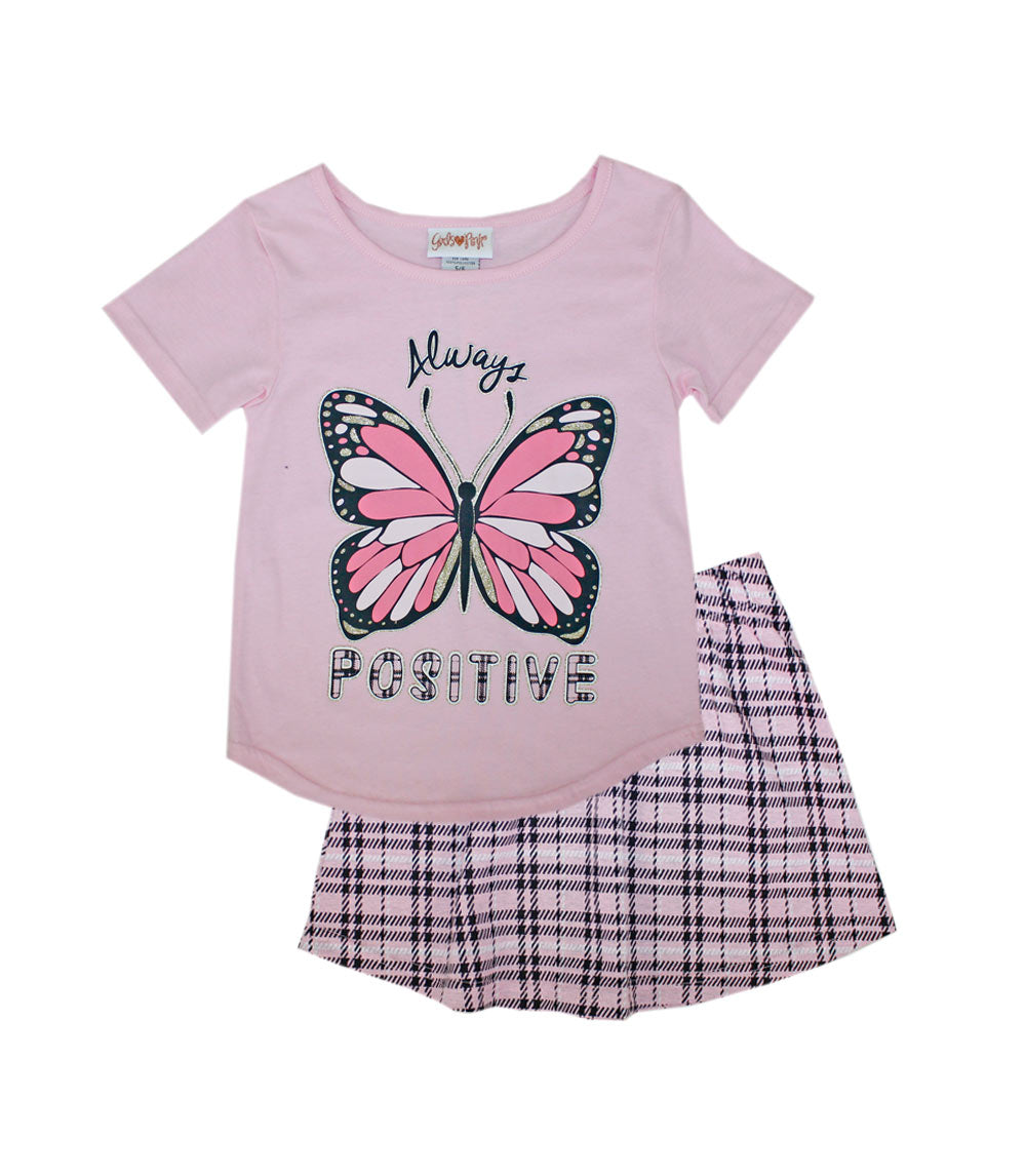 GIRLS PINK Crew Neck Top Butterfly Screen and Plaid Skirt-2439004