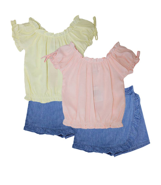 GIRLS PINK Woven Top with Bows on Sleeve and Denim Skort Set - 2470402
