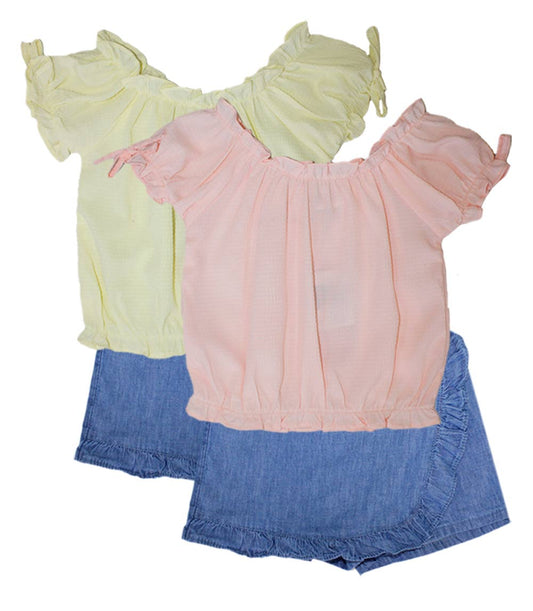 GIRLS PINK Woven Top with Bows on Sleeve and Denim Skort Set - 2470402