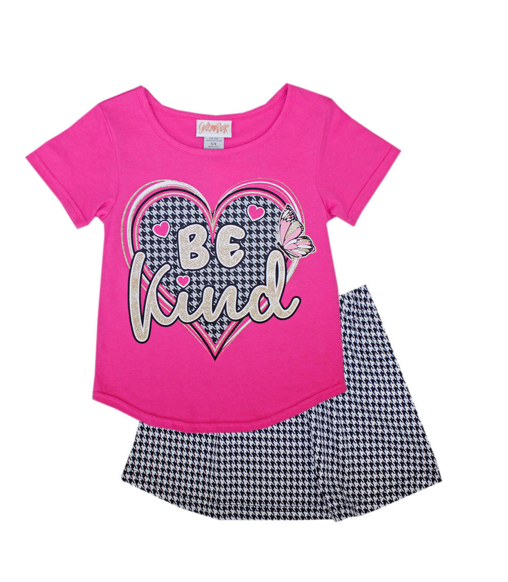 GIRLS PINK Crew Neck Top Heart Screen and Houndstooth Skirt-2475404