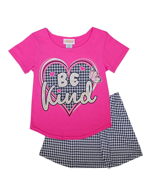 GIRLS PINK Crew Neck Top Heart Screen and Houndstooth Skirt-2475467
