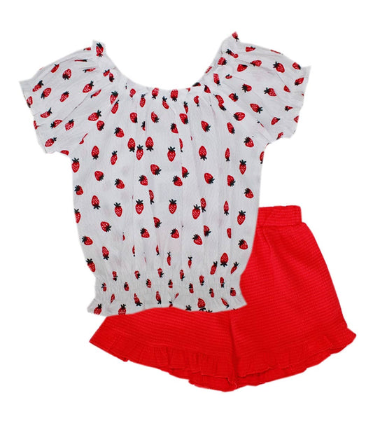GIRLS PINK Smocked Strawberry Print Top with Short Ruffle Set - 2893067