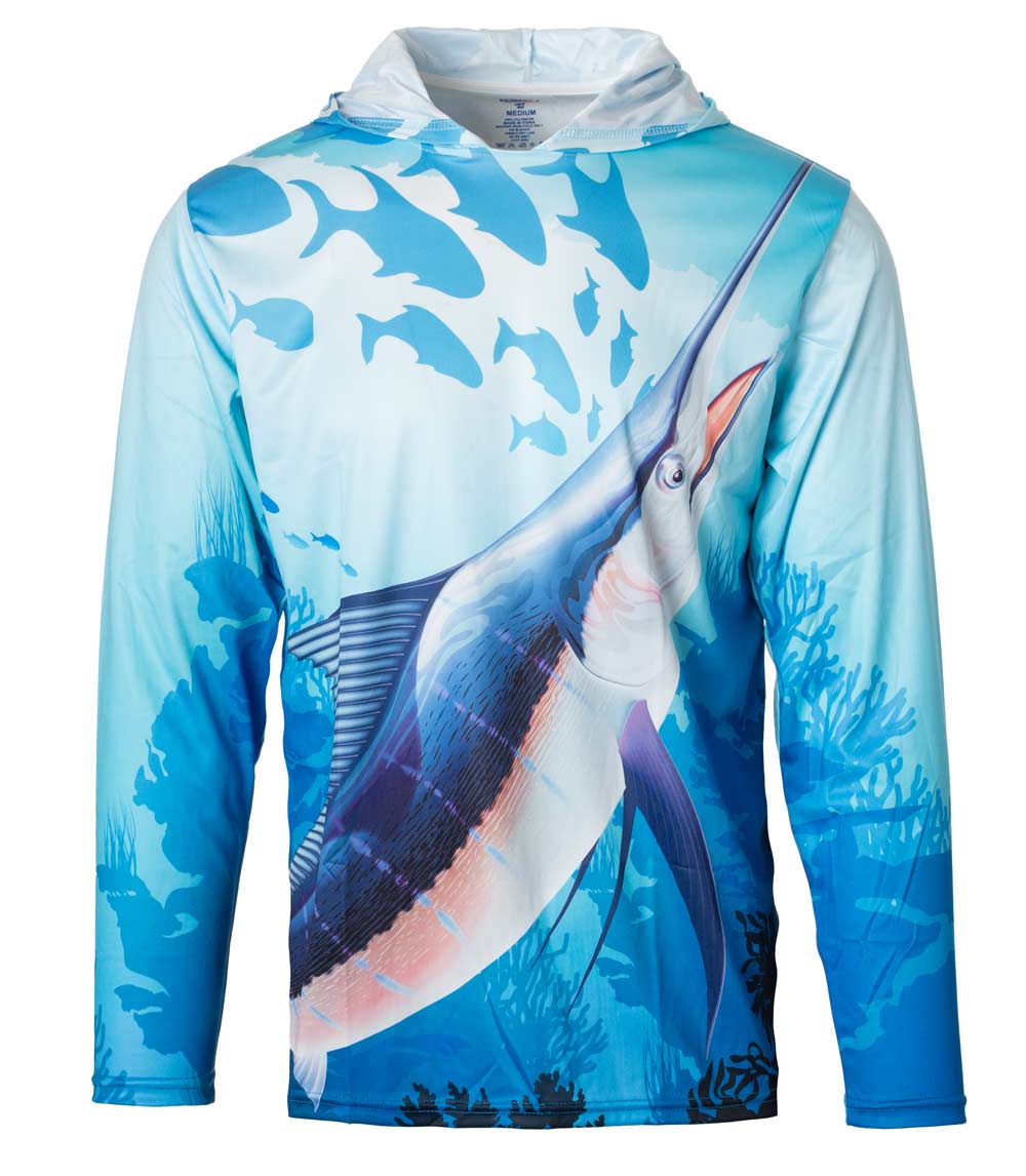 Men Performance Hoodie Top Deep Blue Sea Marlin Fish Graphic-7665809