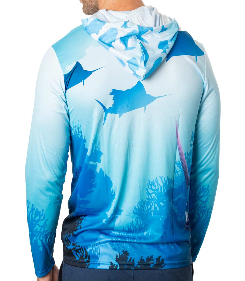 Men Performance Hoodie Top Deep Blue Sea Marlin Fish Graphic-7665809