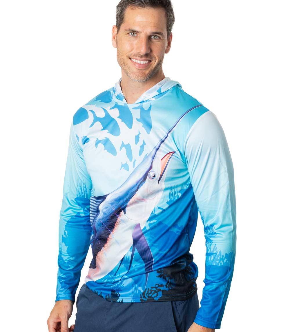 Men Performance Hoodie Top Deep Blue Sea Marlin Fish Graphic-7665809