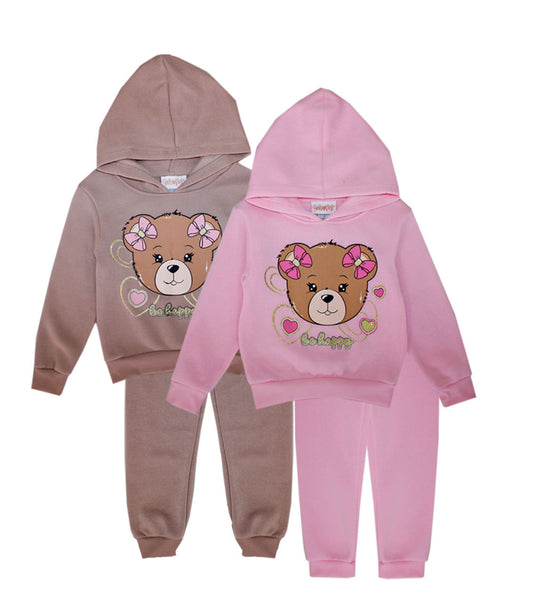 GIRLS PINK Bear Screen Hooded Pull Over Jogset-8601302