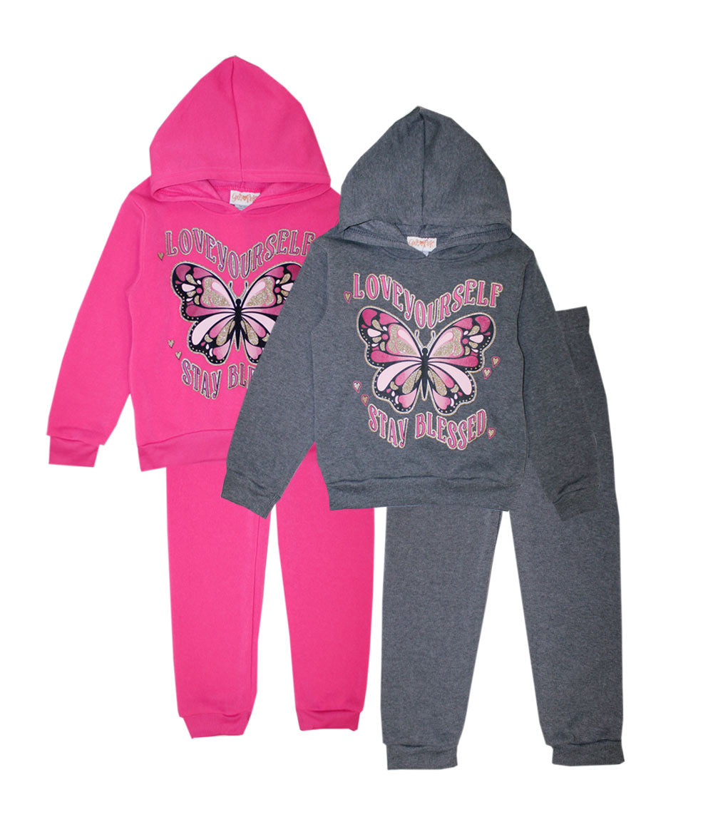 GIRLS PINK Butterfly Screen Hooded Pull Over Jogset-8685927
