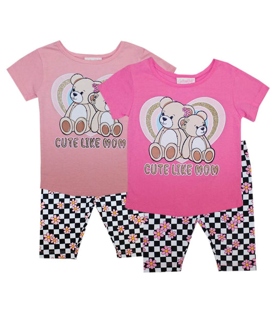 Girls Pink Cute Like Mom Bear Heart Top w Biker Legging - 2298501
